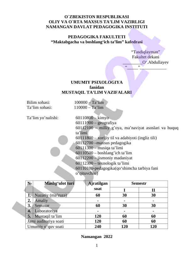 Umumiy psixologiya fanidan mustaqil ta'lim vazifalari