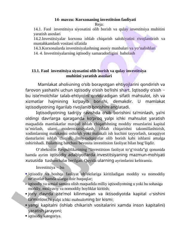 Korxonaning investitsion faoliyati tahlili