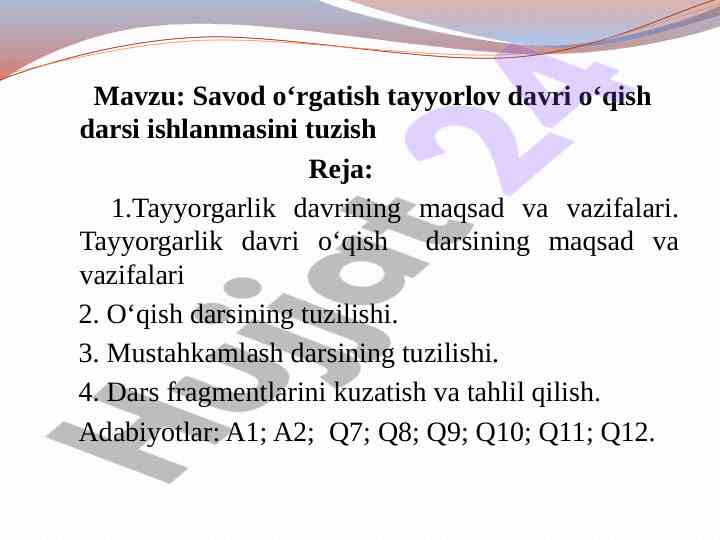 Savod o‘rgatish tayyorlov davri o‘qish darsi