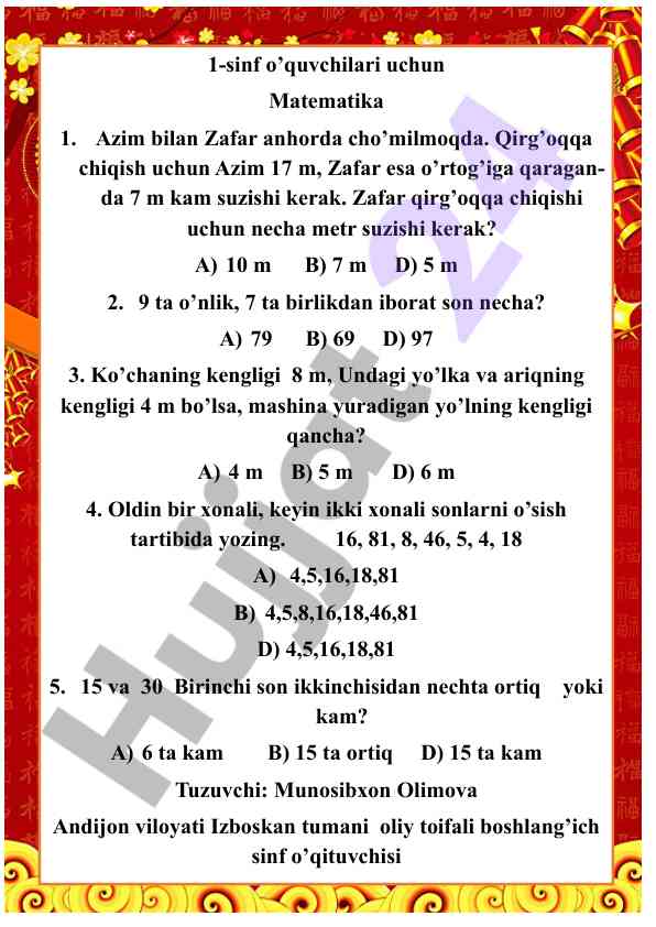Matematika mavzulari: 1-sinf o‘quvchilari uchun masalalar