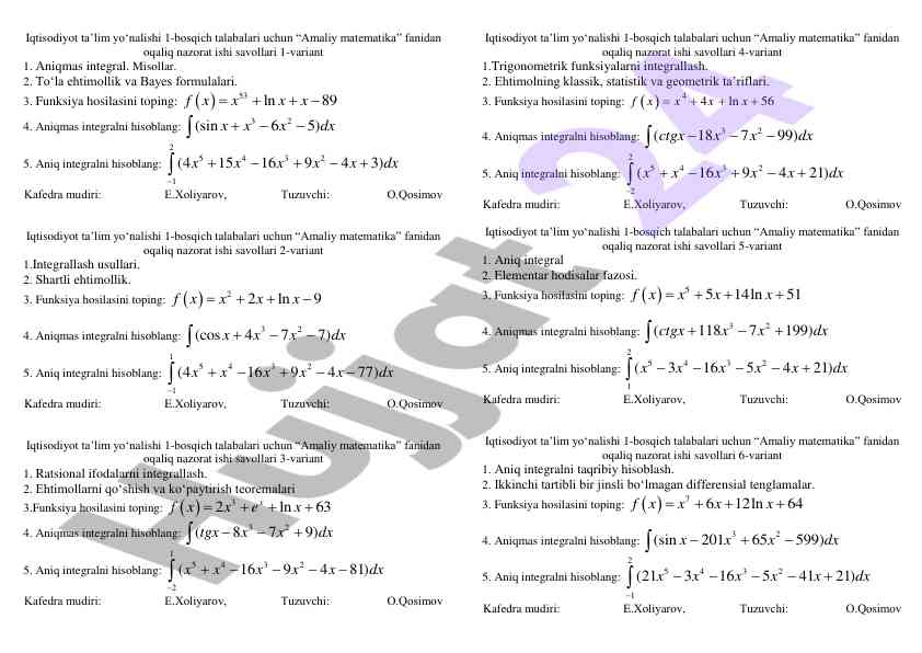Amaliy matematika oqaliq nazorat ishlari savollari