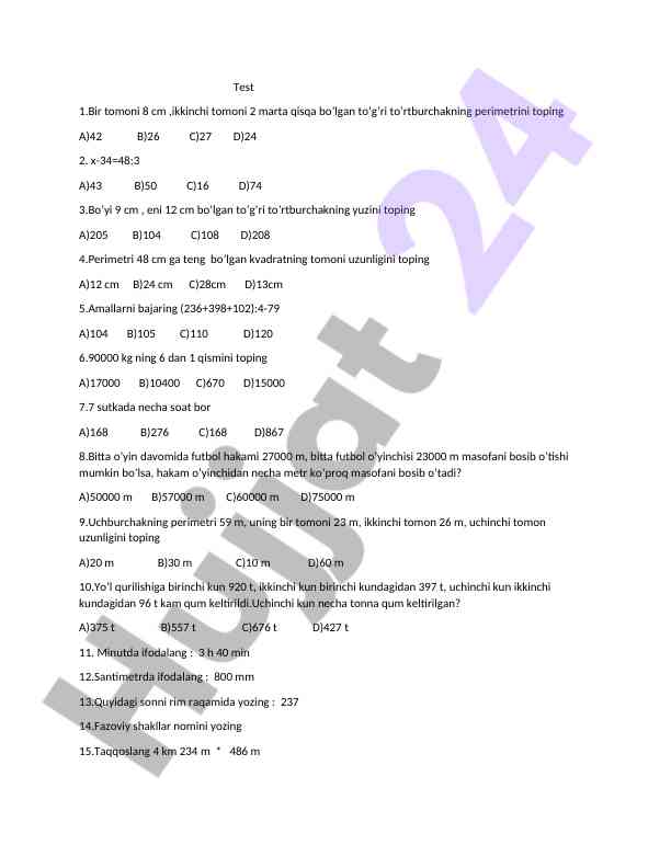 Matematik savollar va hisoblashlar bo'yicha test