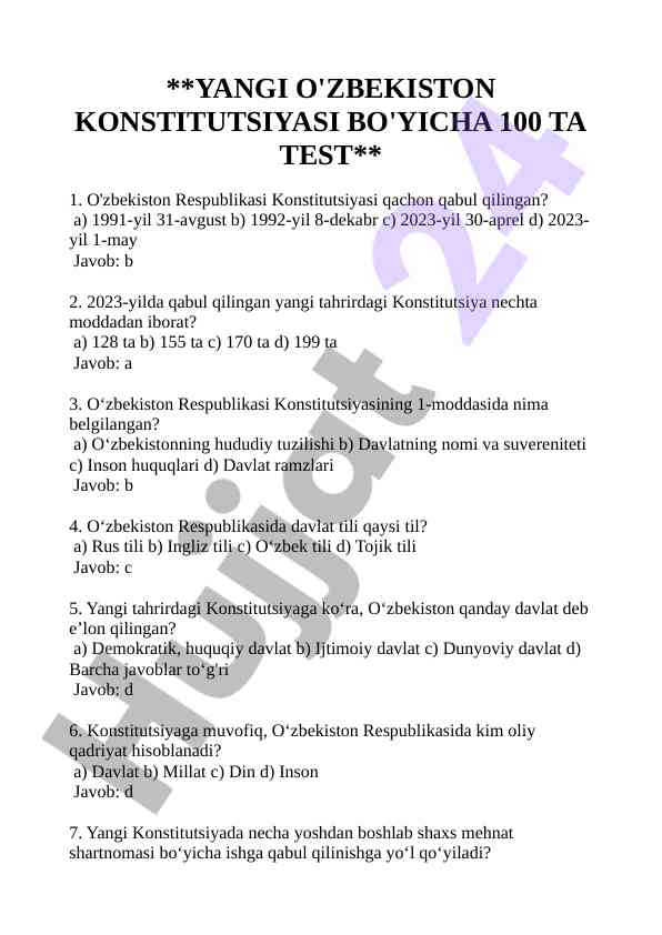 Yangi o'zbekiston konstitutsiyasi bo'yicha 100 ta test