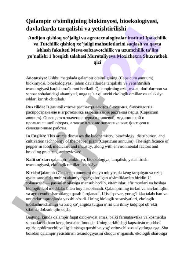 Qalampir o‘simligining biokimyosi va bioekologiyasi