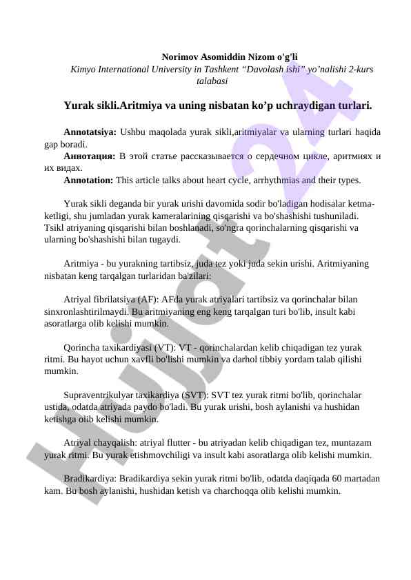 Yurak sikli va aritmiyalar turlari
