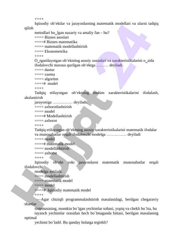 Iqtisodiy ob'ektlar va jarayonlarning matematik modellari