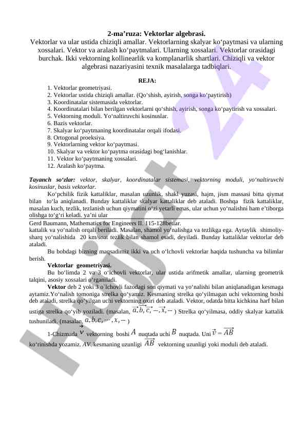Vektorlar algebrasi: nazariya va amaliy masalalar