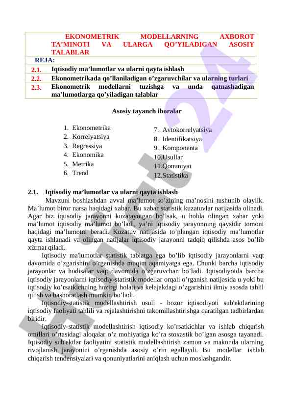 Ekonometrik modellarning axborot ta’minoti talablari