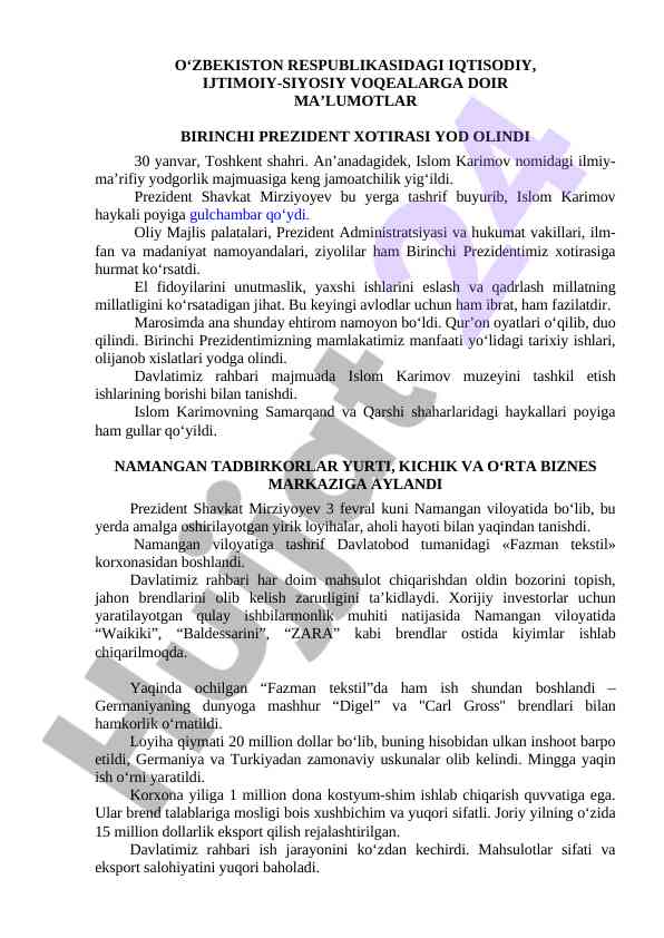 Islom karimov xotirasi va ijtimoiy tadbirlar