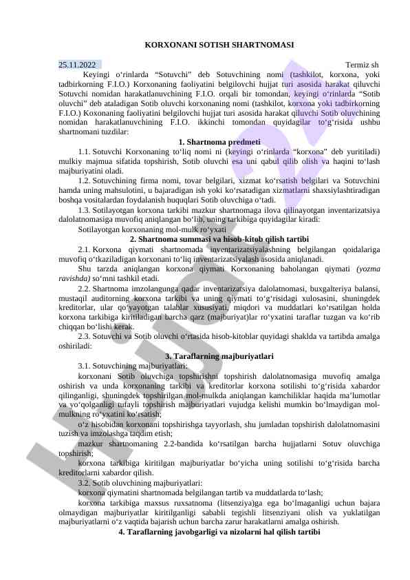Korxona sotish shartnomalari tushunchalari va qoidalari