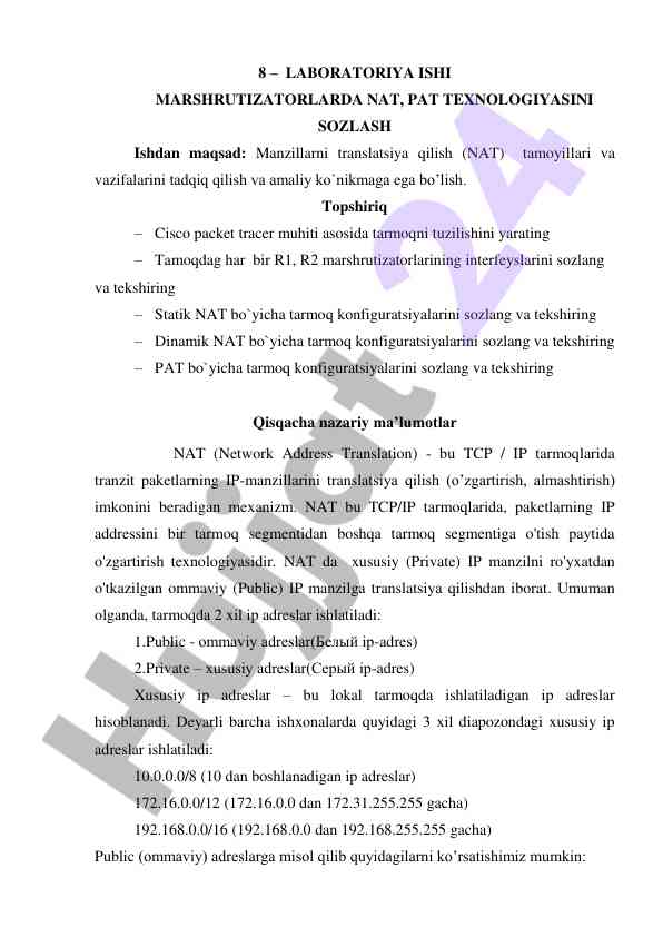 Laboratoriya ishi nat va pat texnologiyasi