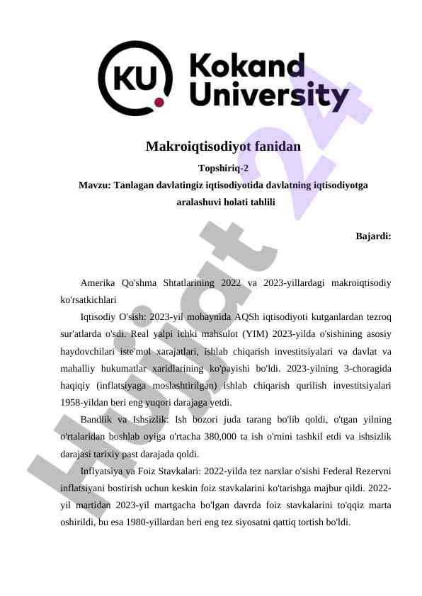 Makroiqtisodiyot fanidan topshiriq iqtisodiy tahlil