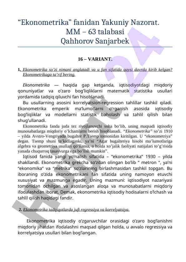 Ekonometrika fani boyicha yakuniy nazorat
