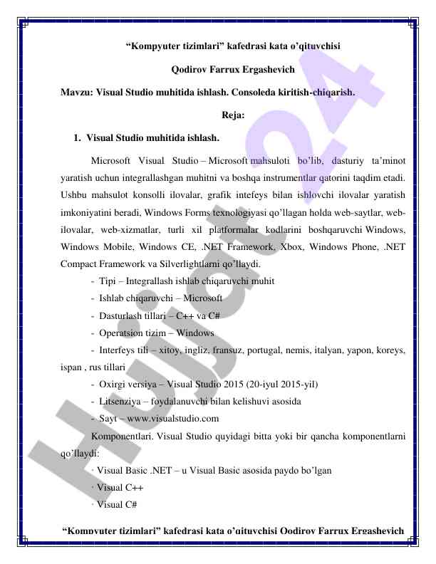 Visual studio muhitida ishlash imkoniyatlari