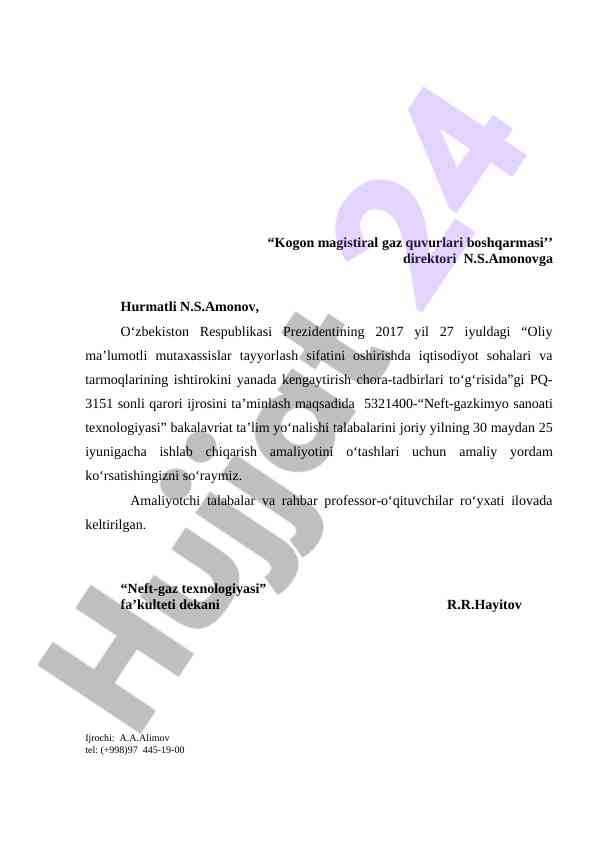 Amaliyot o‘tash tartibi haqida so‘rovnoma