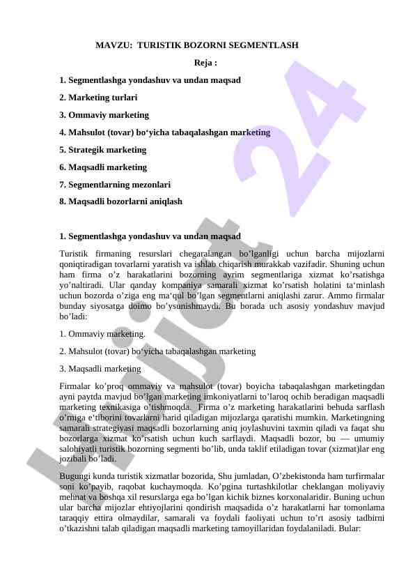 Turistik bozorda segmentlash yondashuvlari tafsili