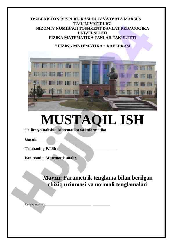 Parametrik tenglama bilan berilgan chiziq urinmasi