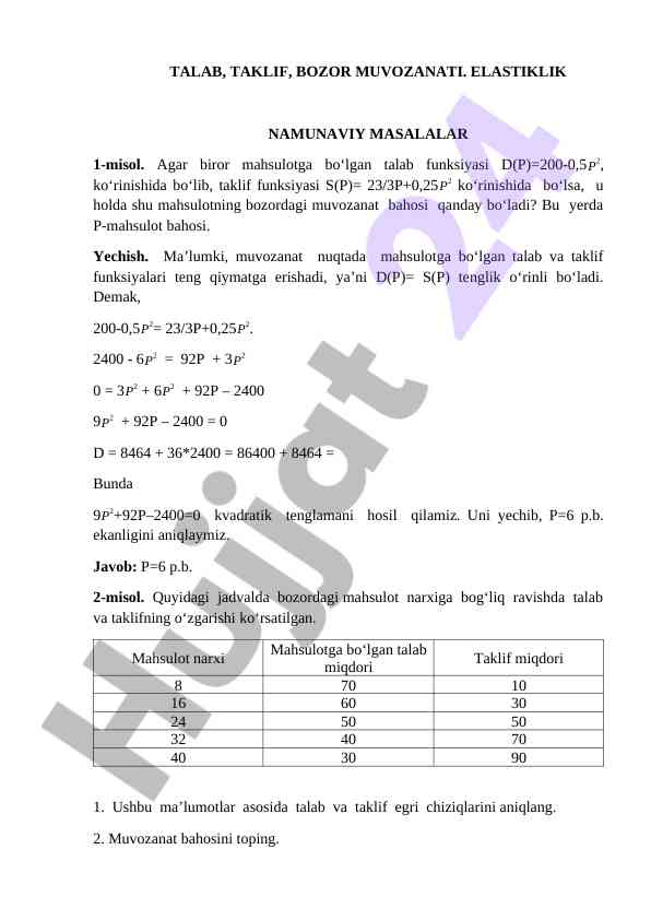 Bozor muvozanati va talab taklif masalalari