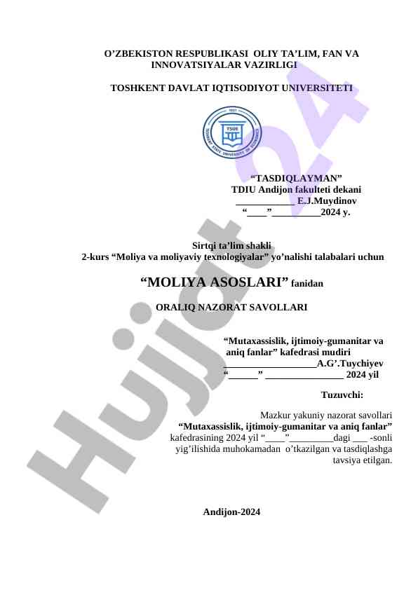 Moliya asoslari fanidan oral nazorot savollari