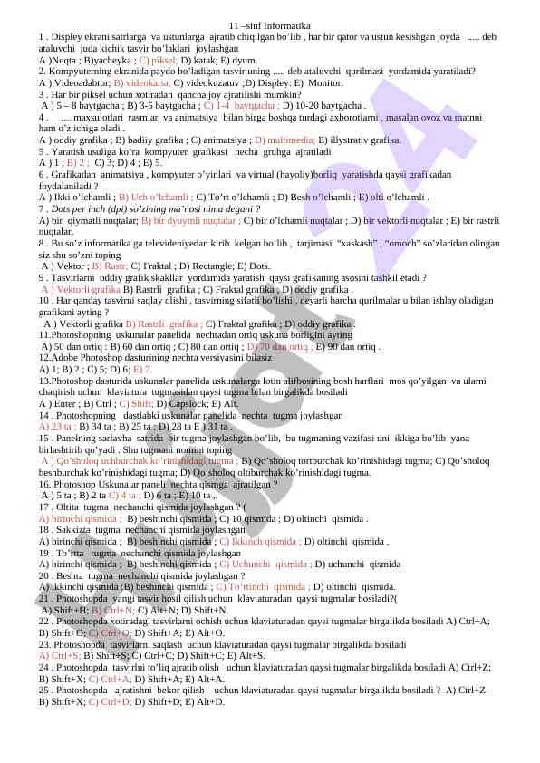 Informatika 11-sinf test savollari va javoblari