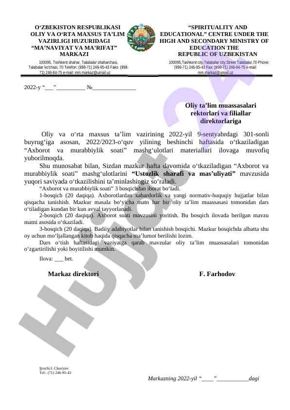 Axborot va murabbiylik soati mashg‘ulotlari