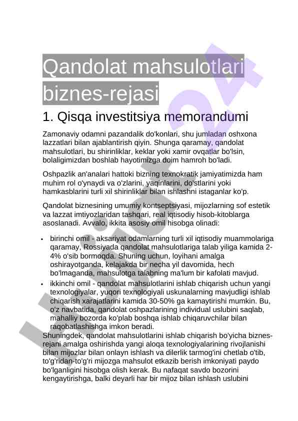 Qandolat mahsulotlari biznesi rejasi