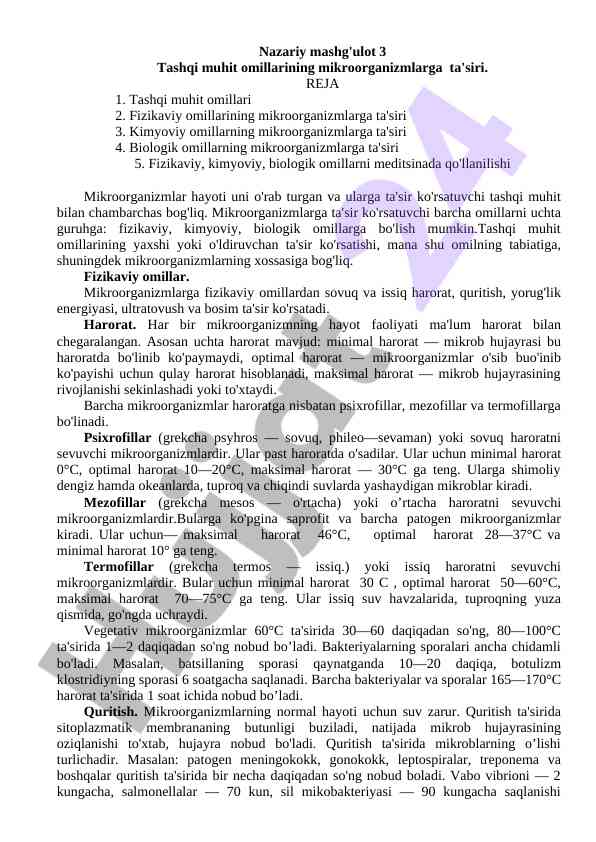 Mikroorganizmlar tashqi muhit omillari ta'siri