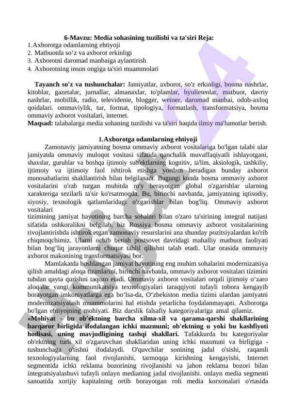 Media sohasining tuzilishi va ta'siri haqida dars