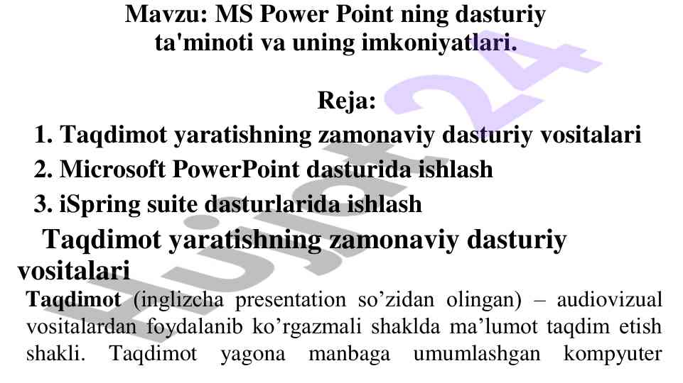 Ms power point dasturiy ta'minoti va imkoniyatlari