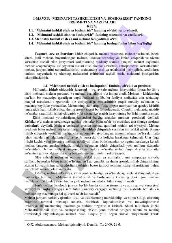 Mehnatni tashkil etish va boshqarish fanining asoslari