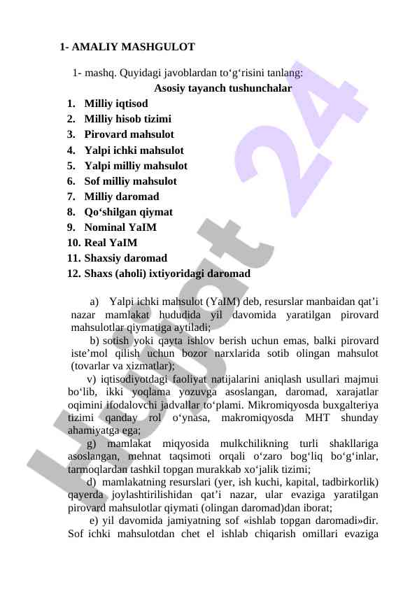 Yalpi ichki mahsulot va milliy iqtisodiy tushunchalar