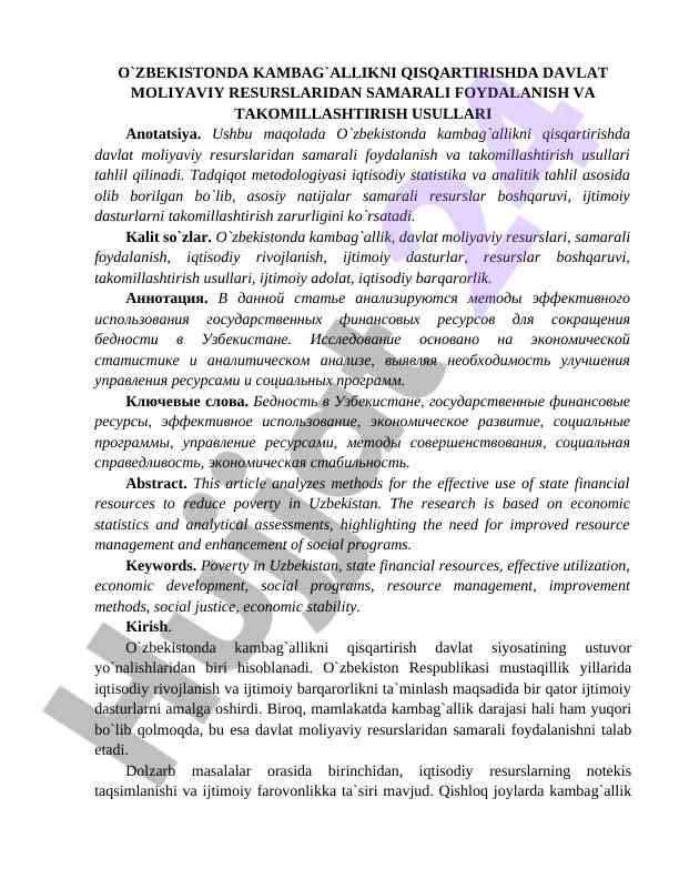 Davlat moliyaviy resurslaridan samarali foydalanish