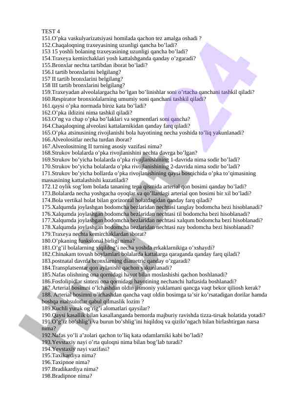 O‘pka rivojlanishi haqida test savollari