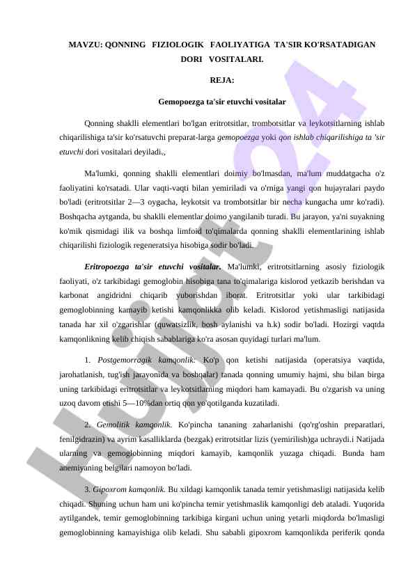 Qonning fiziologik faoliyatiga ta'sir ko'rsatuvchi vositalar