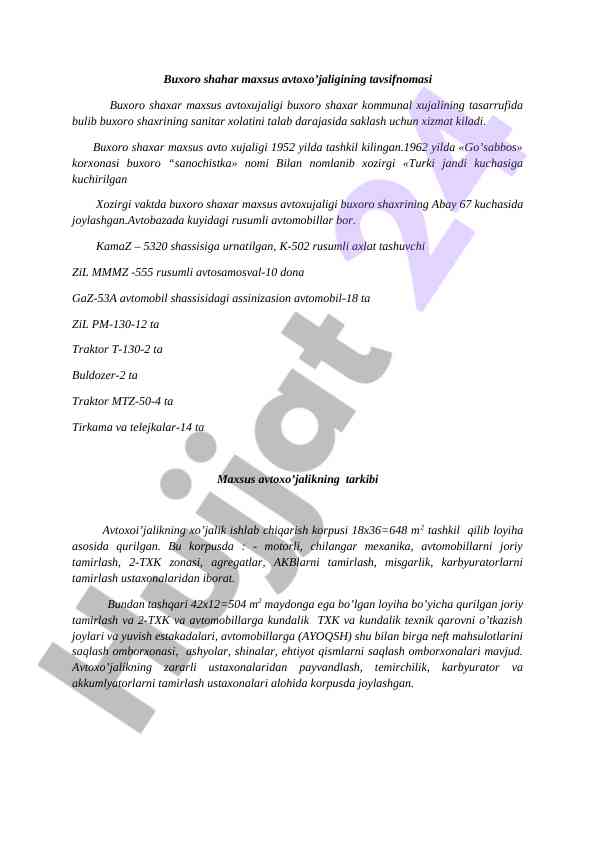 Buxoro shahar maxsus avtoxo'jaligining tavsifnomasi