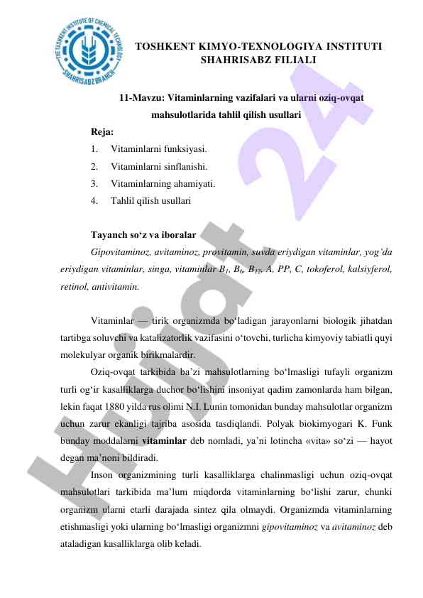 Vitaminlarning vazifalari va oziq-ovqat mahsulotlari