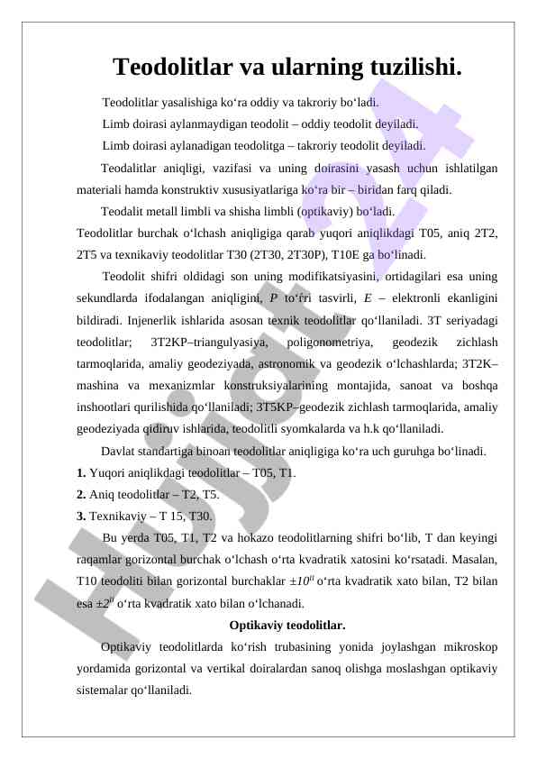 Teodolitlar va ularning tuzilishi haqida ma'lumot