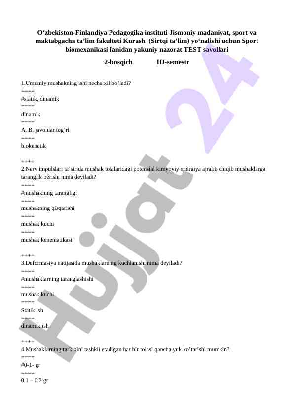 Sport biomexanikasi fanidan yakuniy nazorat test savollari