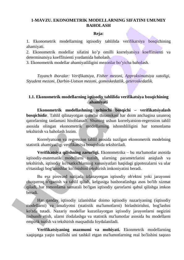 Ekonometrik Modellarning Sifatini Baholash