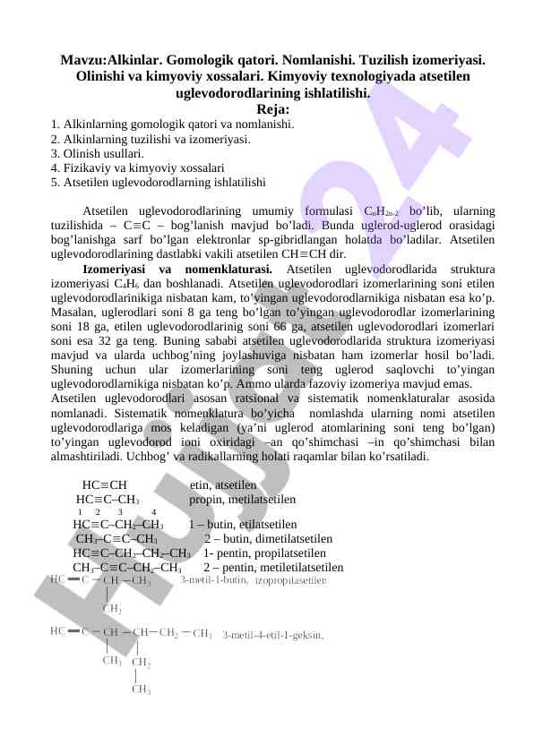 Alkinlar janridagi kimyoviy xossalar va tuzilishi
