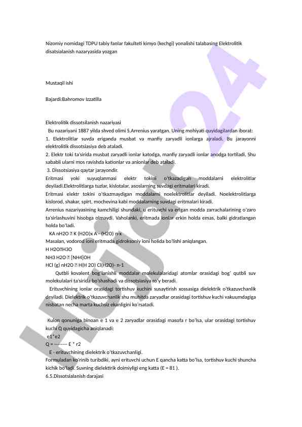 Elektrolitik dissotsiyalanish nazariyasi tahlili