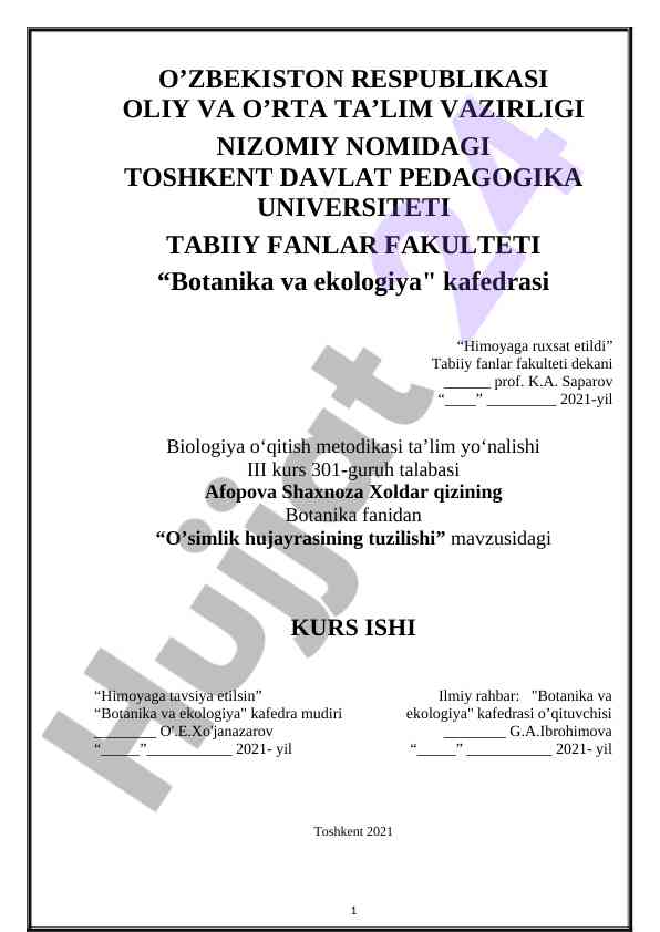 O'simlik hujayrasining tuzilishi kurs ishida