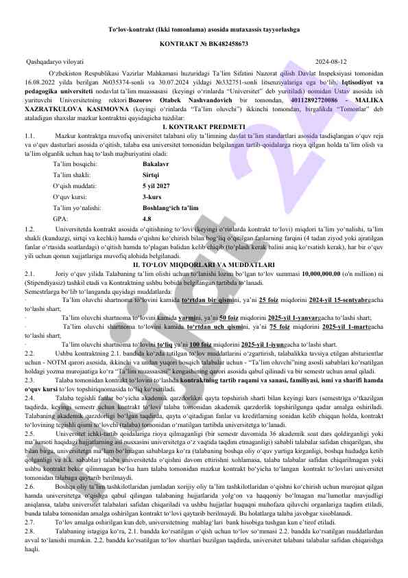 Kontrakt asosida ta'lim tajribasi olish shartlari