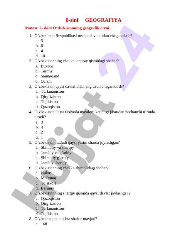 O’zbekistonning geografik o’rni va tabiiy resurslari