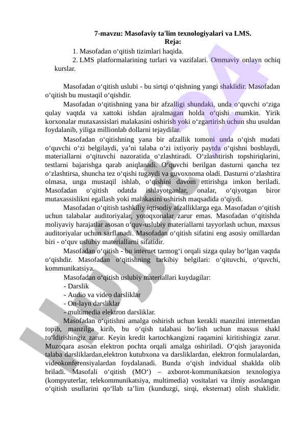 Masofaviy ta'lim texnologiyalari va lms turlari