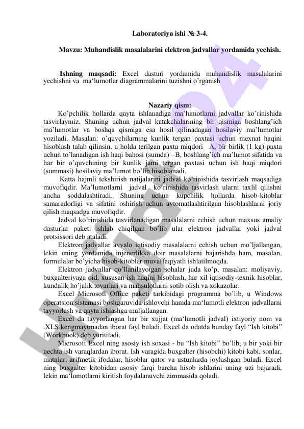 Muhandislik masalalarini elektron jadvallarda yechtirish