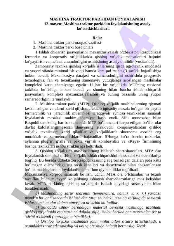 Mashina-traktor parkidan foydalanish asoslari