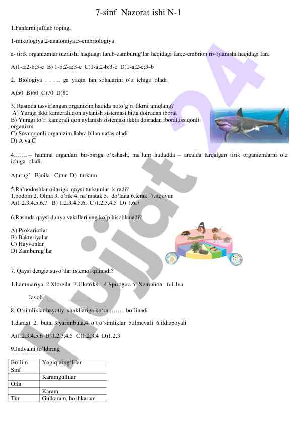 7-sinf biologiya nazorat ishlari savollari