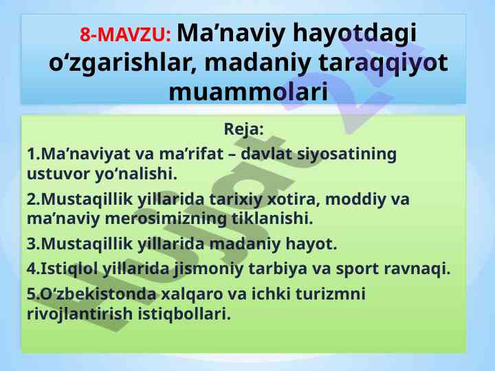 O‘zbekistonda ma’naviyat va madaniyat rivoji