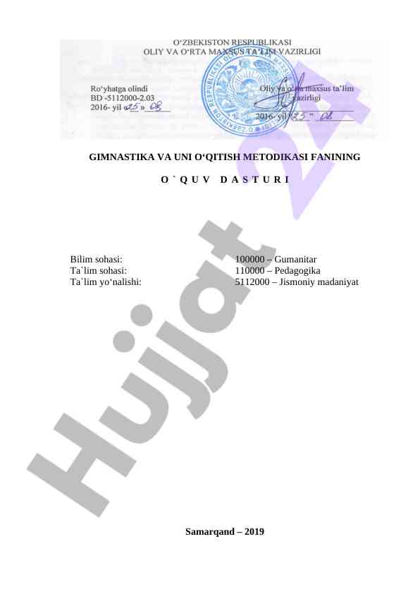 Gimnastika va uni o‘qitish metodikasi o‘quv dasturi